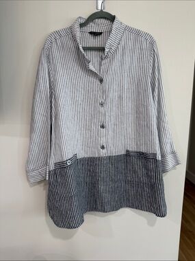 John Mark 100% Linen Two-Tone Vertical Stripe Button-Down Shirt - Black & White